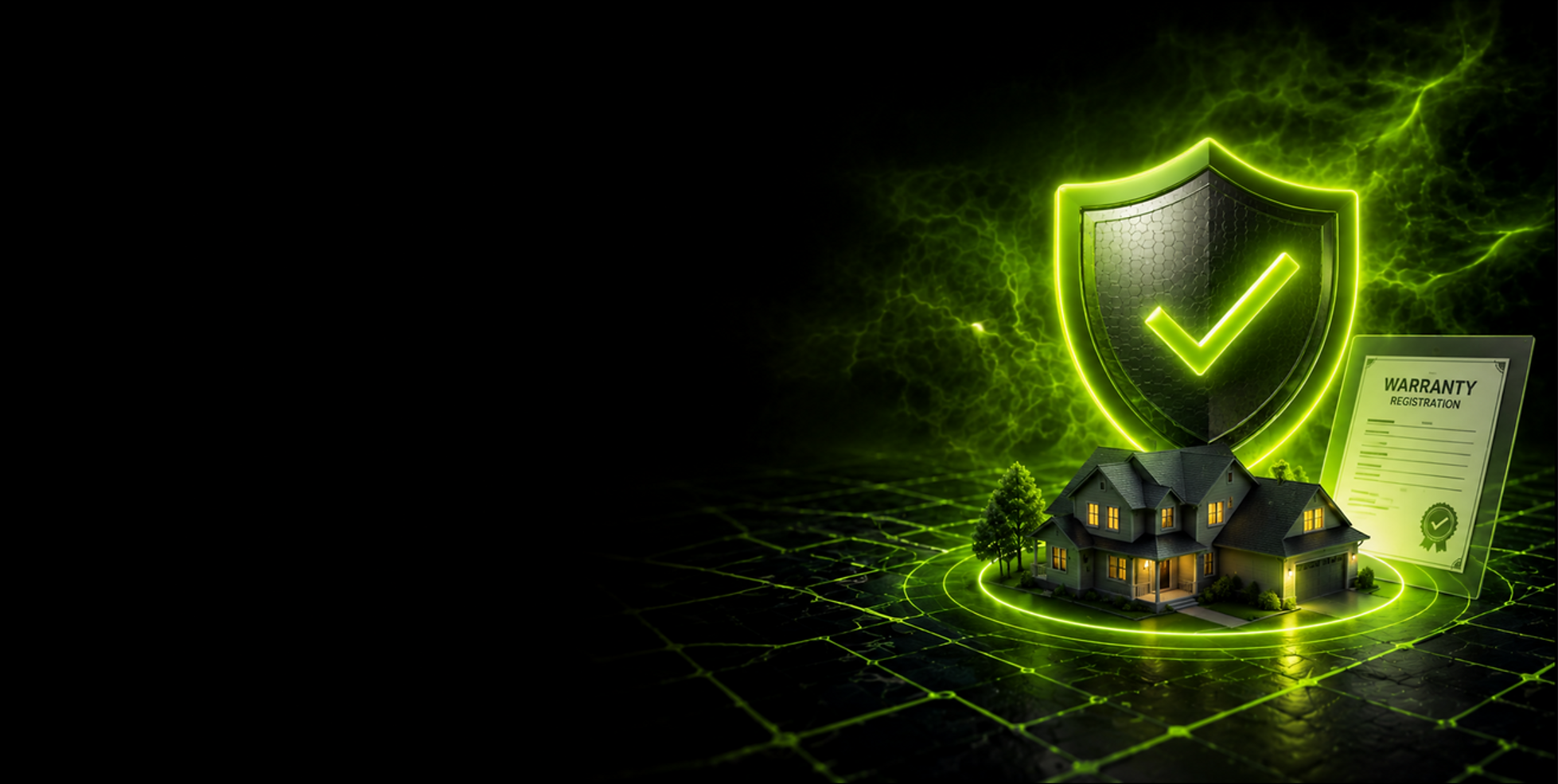 Glowing warranty shield, registration certificate, and protected home
