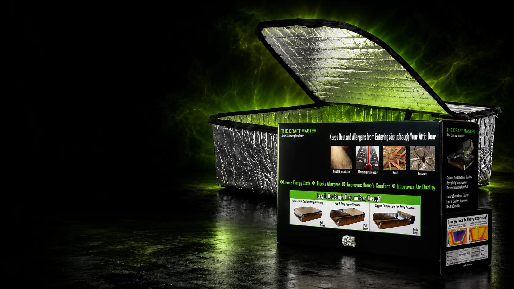 DraftMaster attic stairway insulator and product packaging