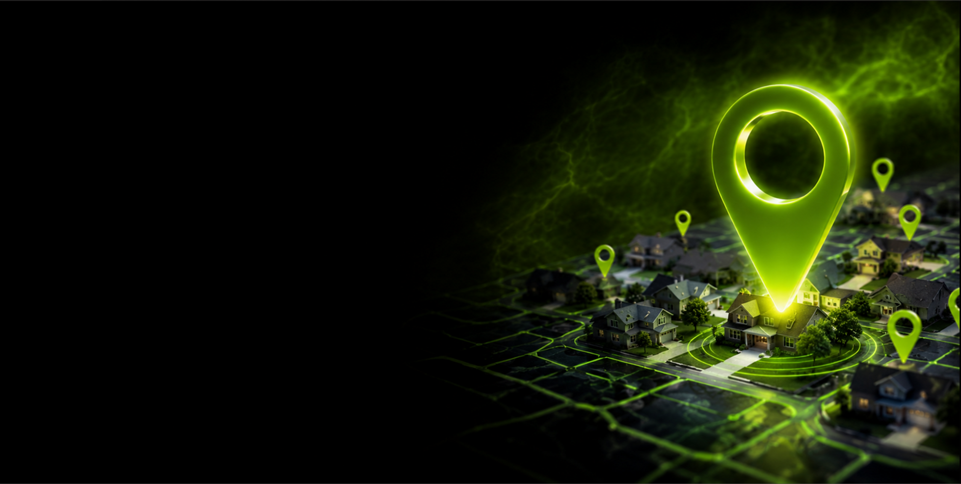Neighborhood map illuminated by green location markers