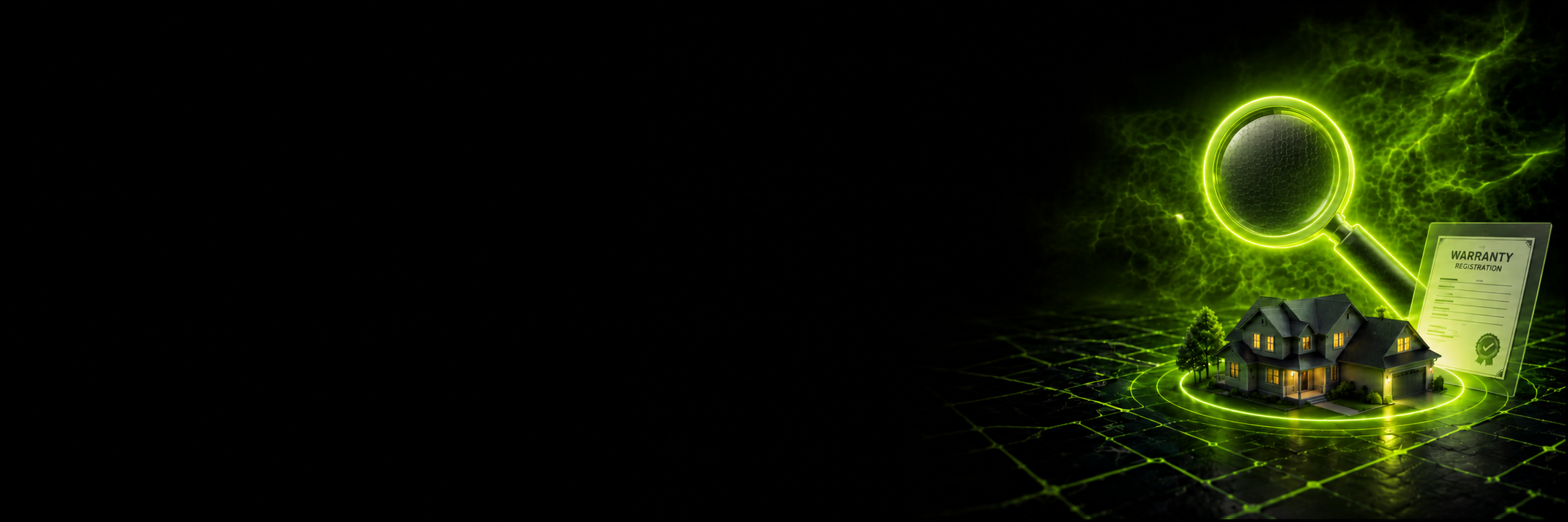 Glowing magnifying glass searching a warranty registration for a protected home