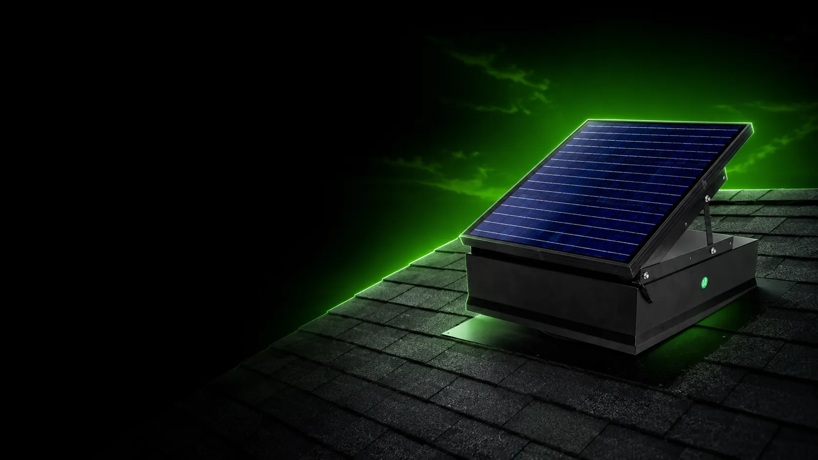 The Attic Depot solar attic fan operating on a shingle roof