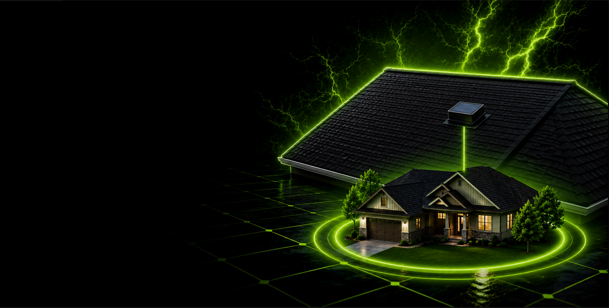 Home and attic roof highlighted by green energy lines