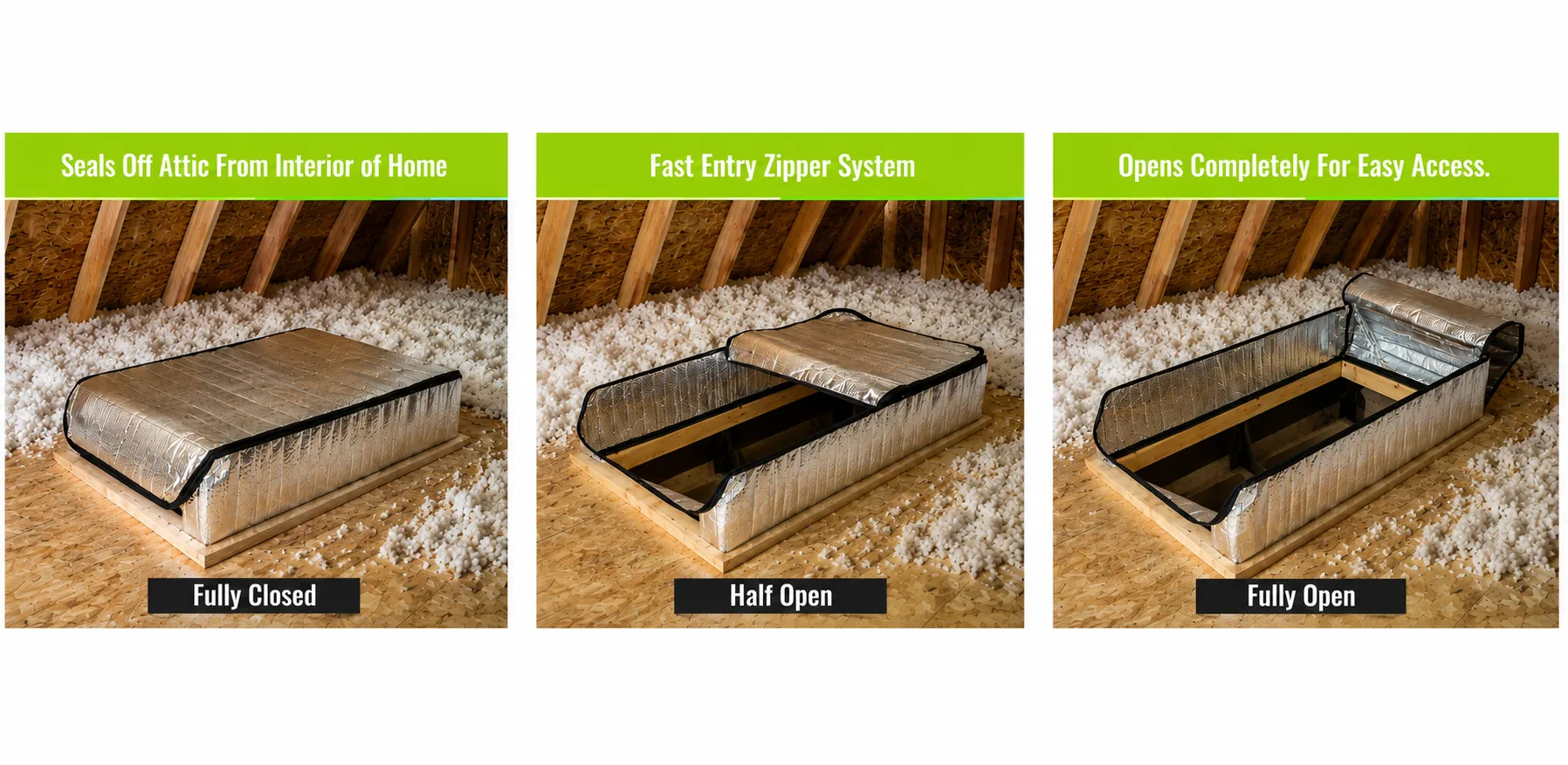 DraftMaster fully closed, half open, and fully open over an attic stairway