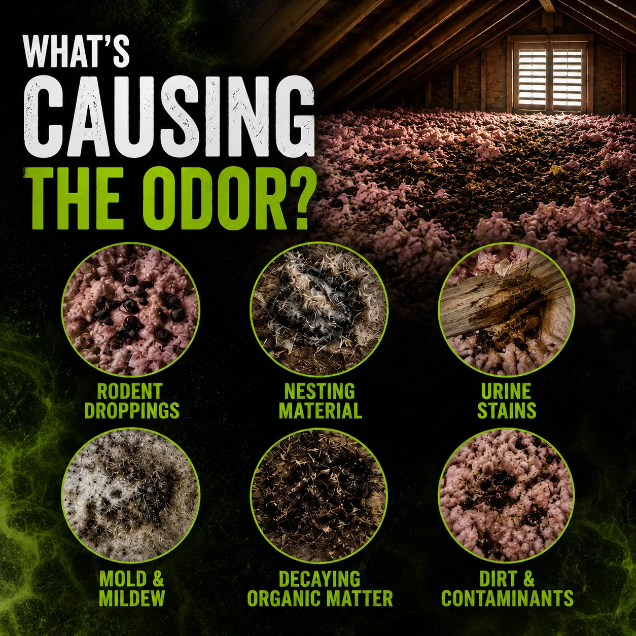 Common sources of attic odors treated by Attic Fresh